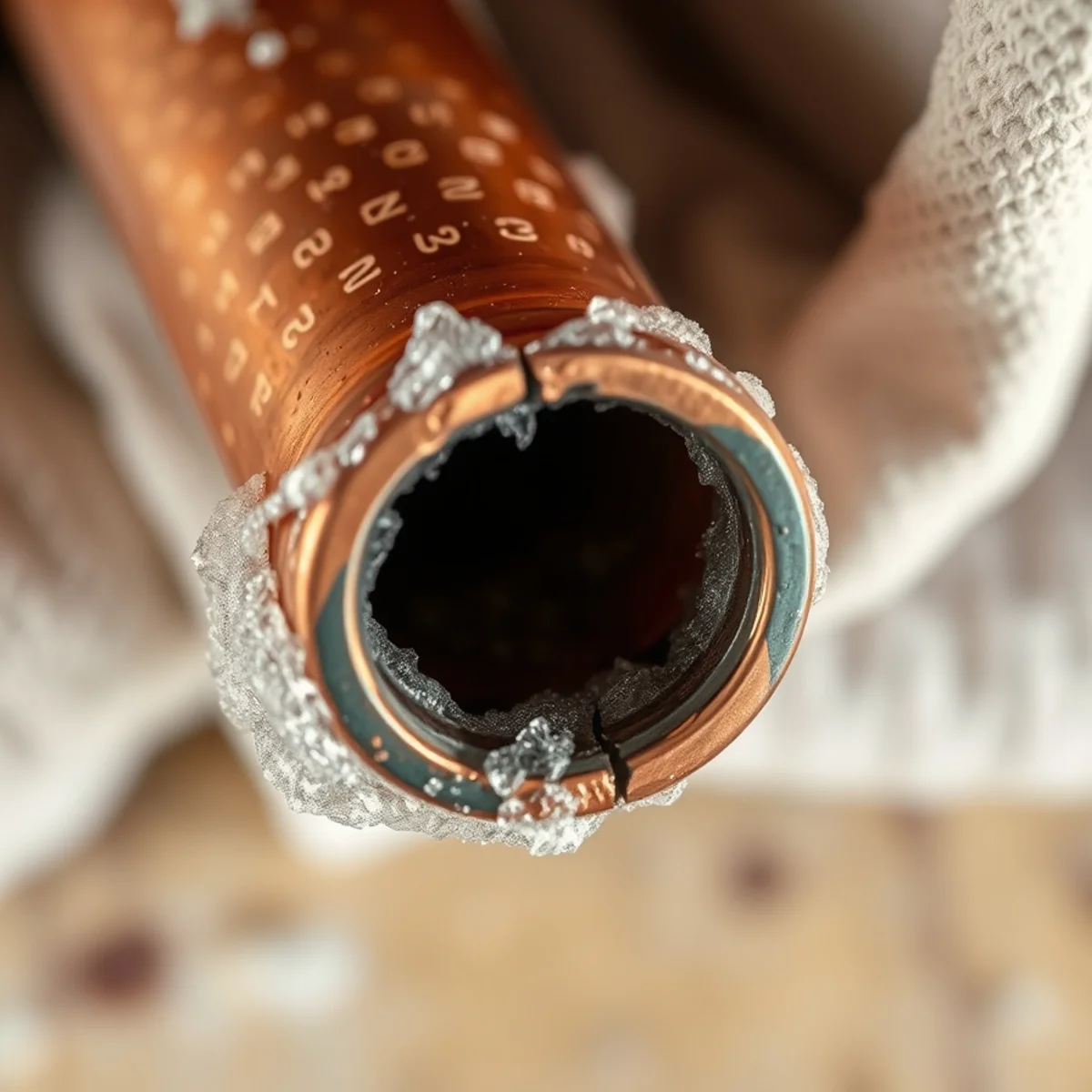 Longitudinal freeze split along the seam of an uninsulated residential copper pipe