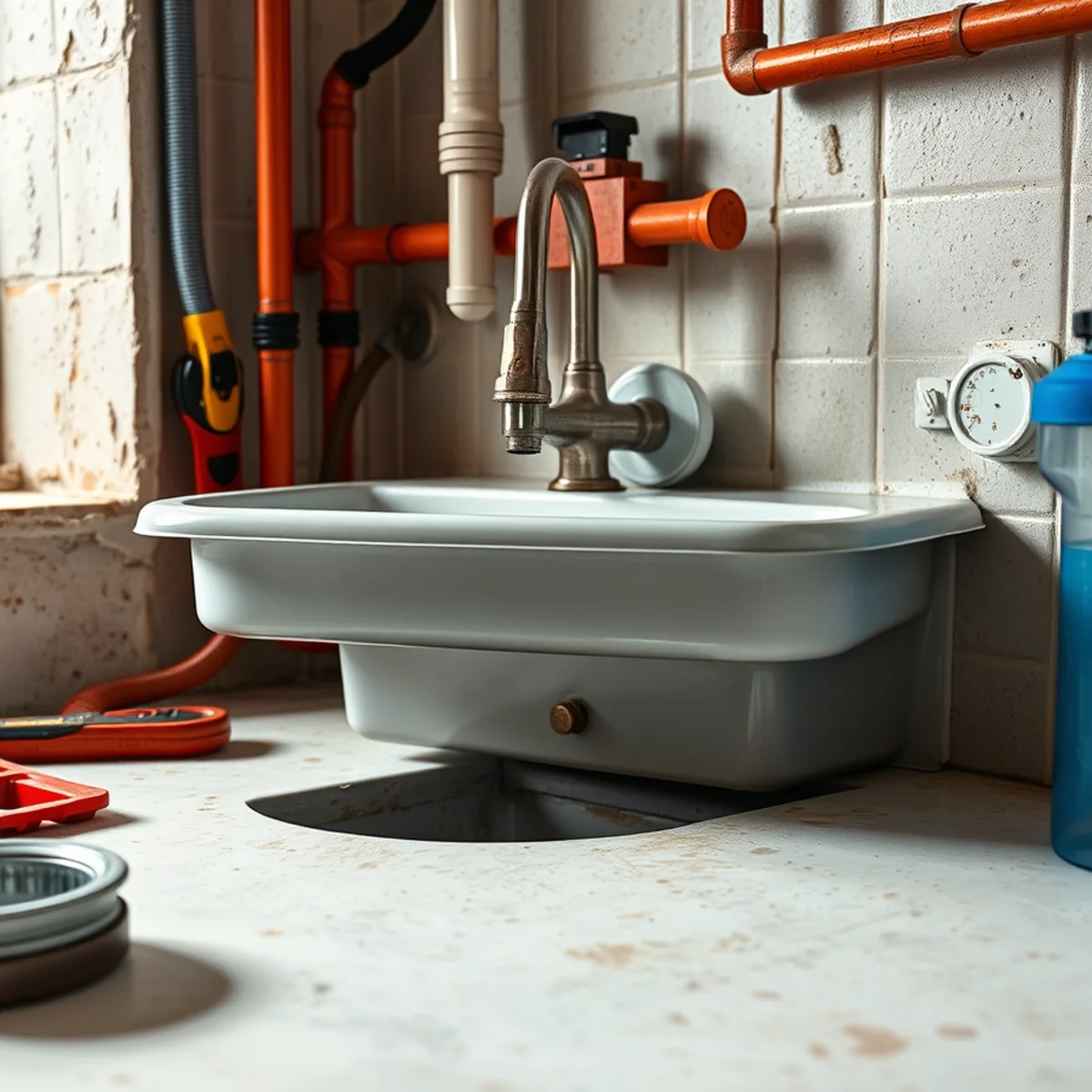 Commercial floor-mounted terrazzo mop basin with vacuum-breaker service faucet