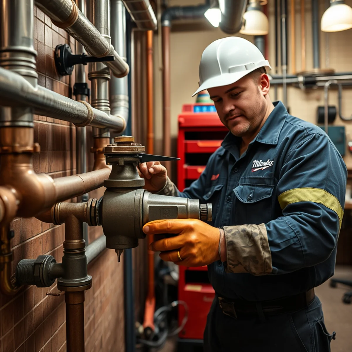 Commercial kitchen plumbing installation showing stainless steel grease interceptor and copper lines