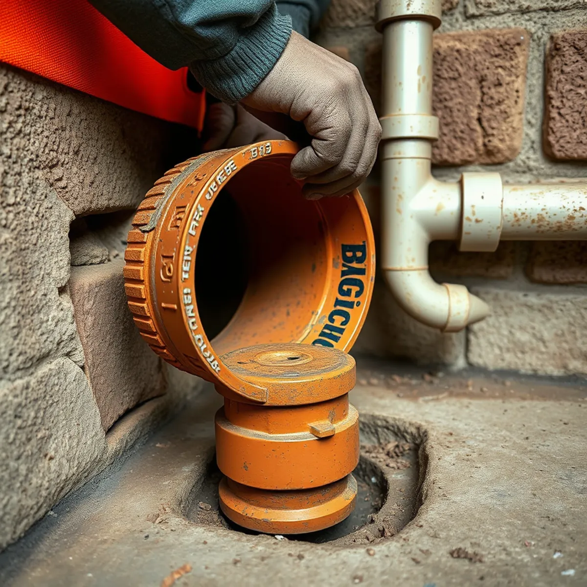 Technician rebuilding older drain assembly in a historic Dayton home cellar