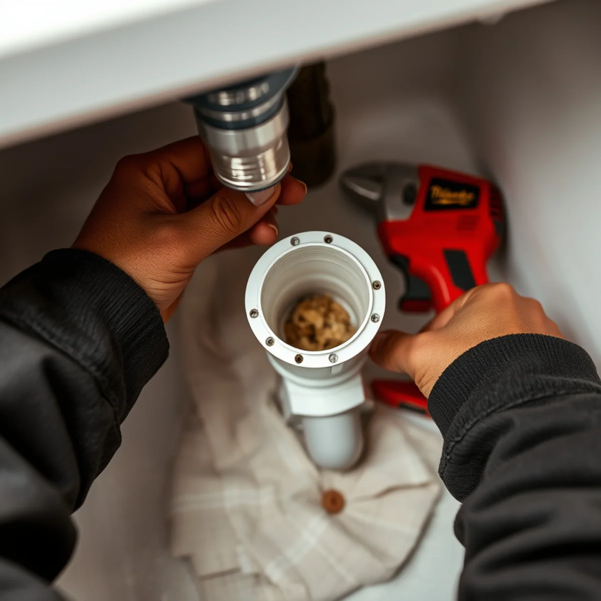 Close-up of removing and cleaning a PVC tubular P-trap under a kitchen double basin sink