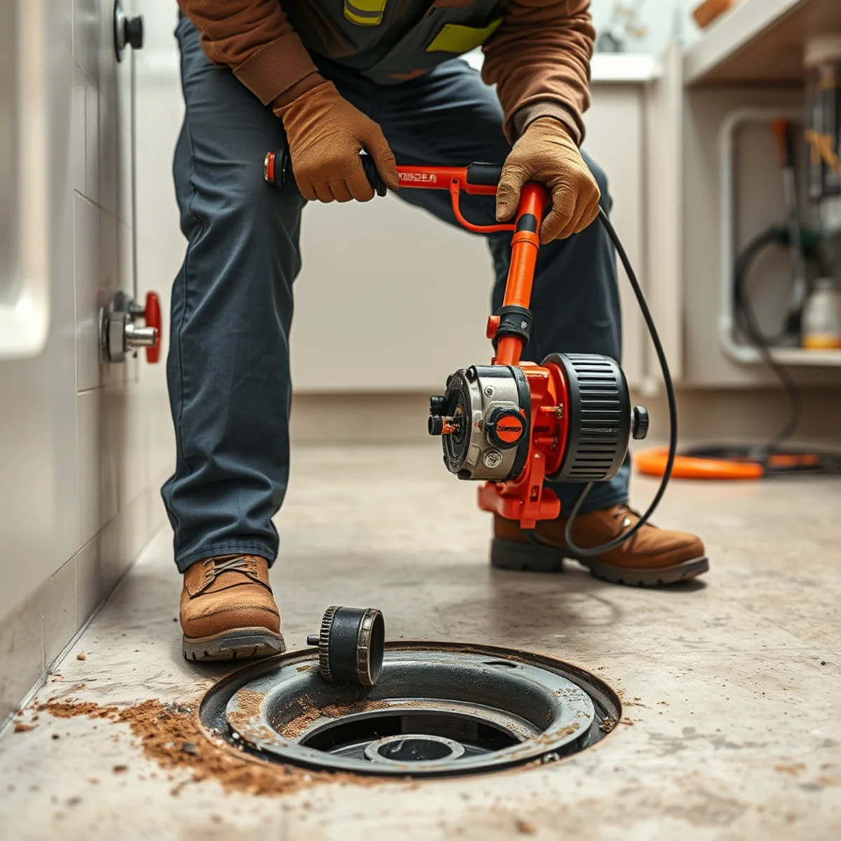 Plumber inserting a heavy-duty flexible auger cable into a cast iron basement floor drain