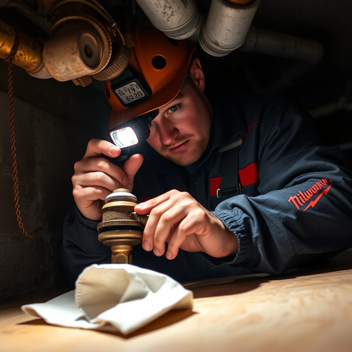 Technician organizing pipe isolation tools inside a fully stocked service vehicle