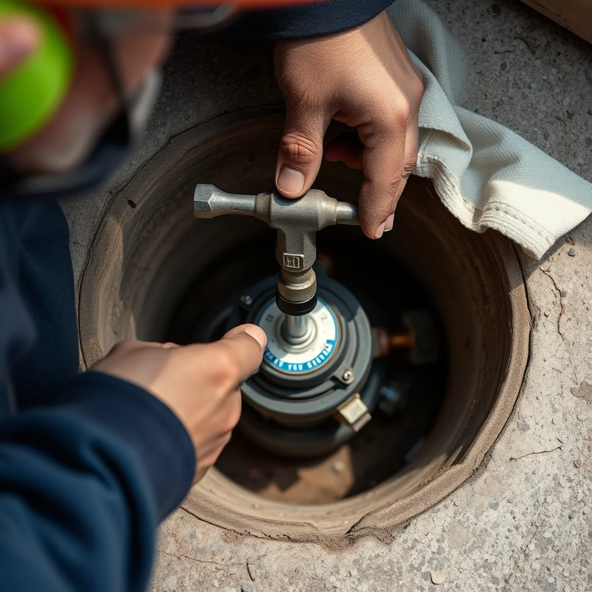 Long steel meter key wrench operating the municipal curb stop valve inside an outdoor meter pit