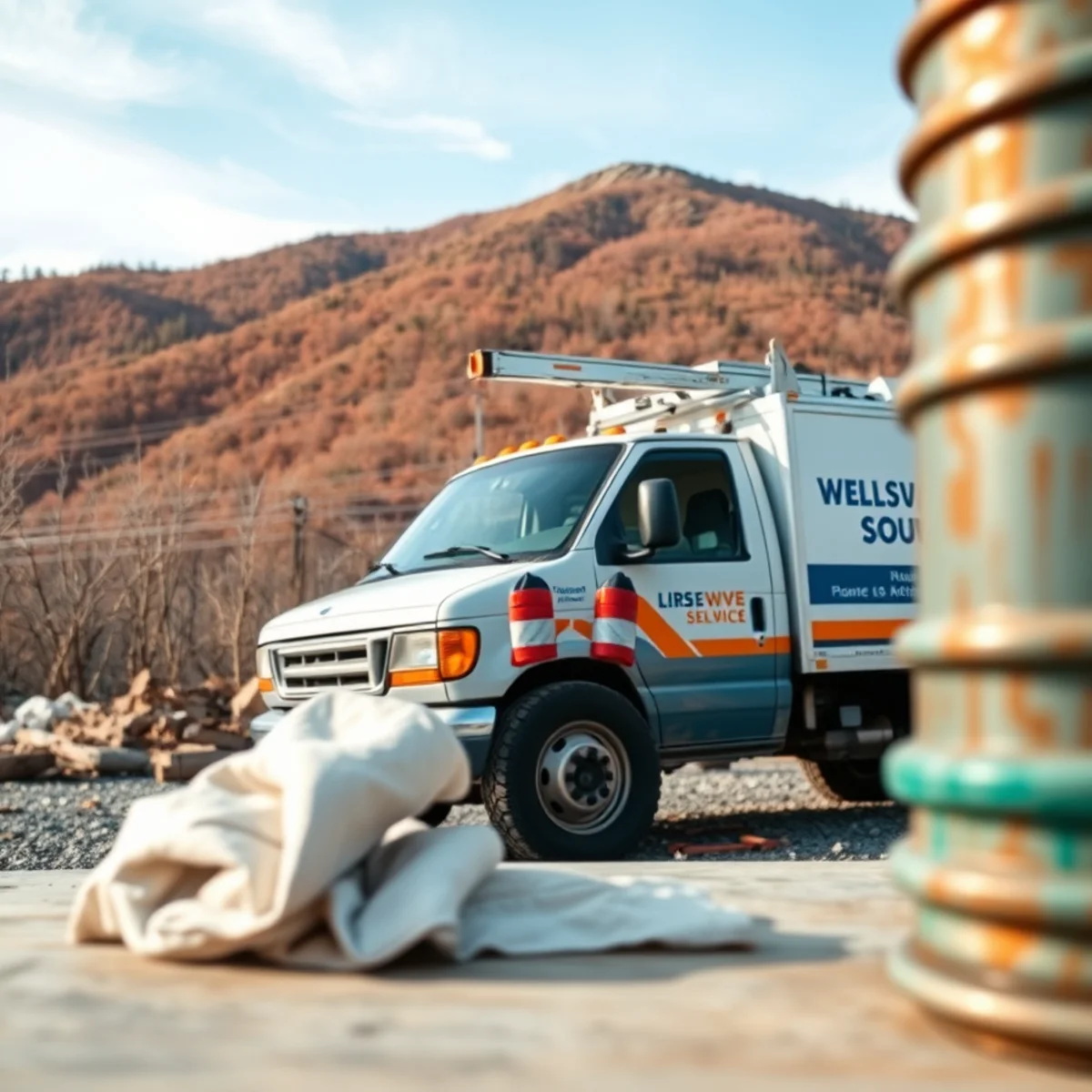 Plumbing truck driving through Keezletown farmland with mountain peak prominent in background