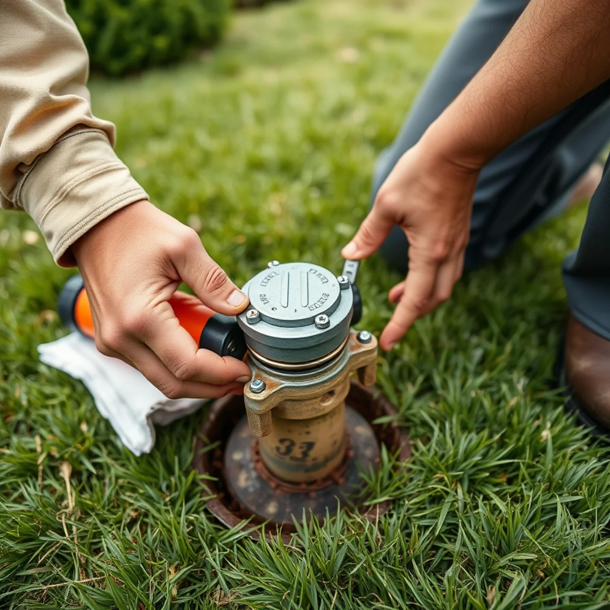 Two white PVC threaded cleanout caps exposed above green turf in a landscaped front yard