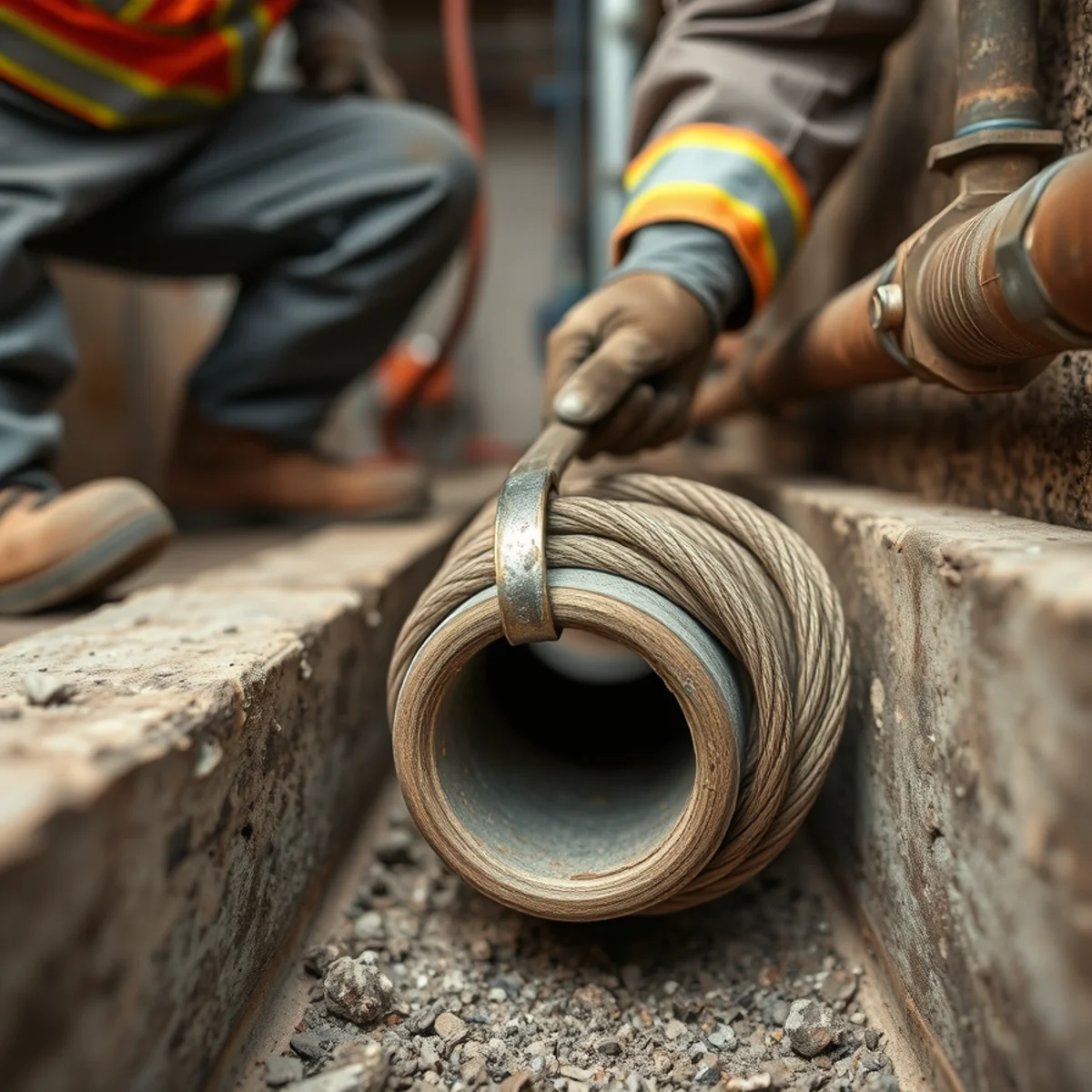 Heavy-gauge 3/4-inch steel sewer cable entering building main waste line