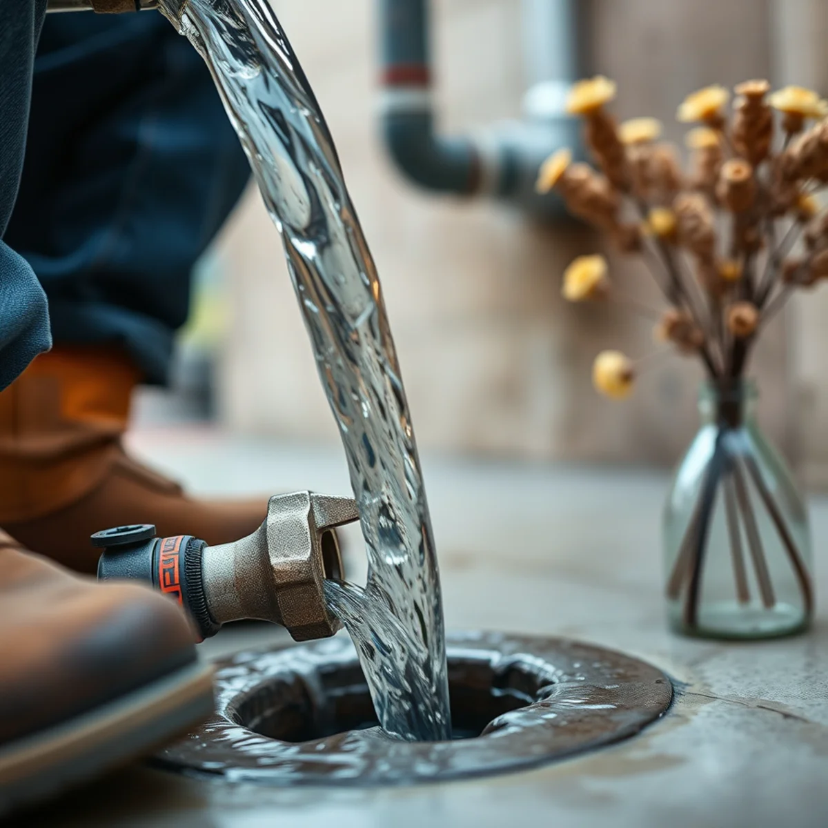 Clear water flowing rapidly through an underground main drain cleanout during a flush test