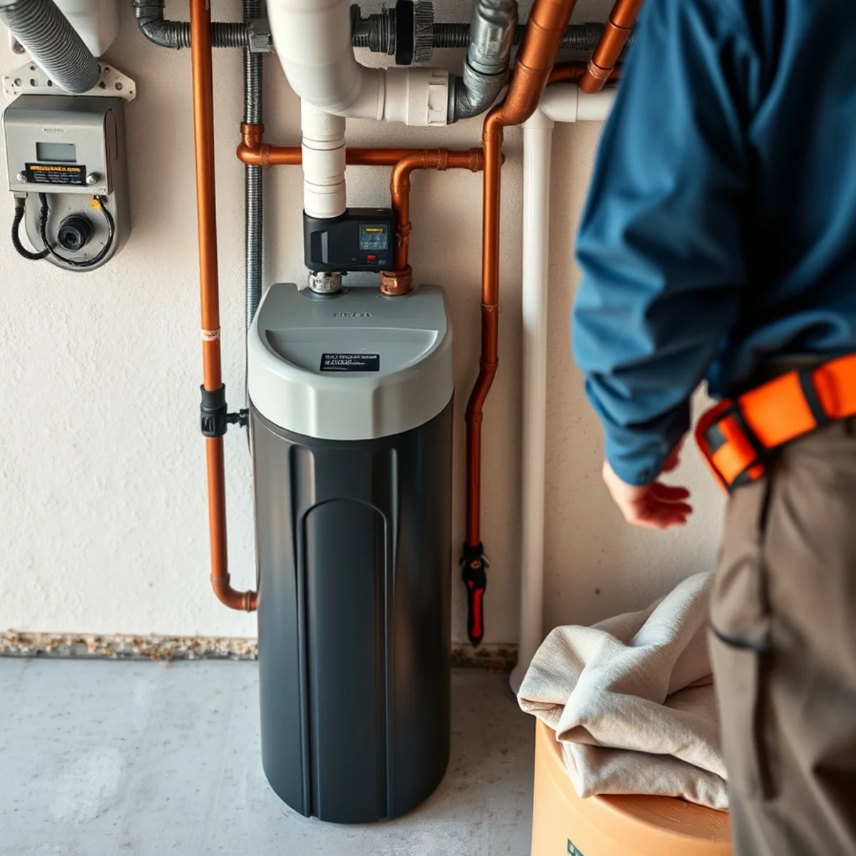 Compact cabinet water softener installed neatly in a modern Massanetta Springs garage