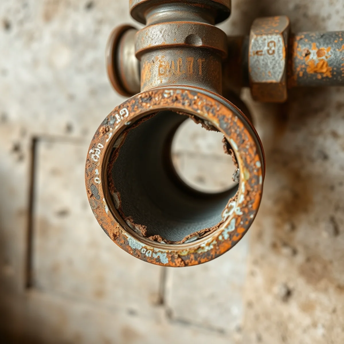 Severely corroded galvanized iron water pipe section showing heavy internal rust buildup