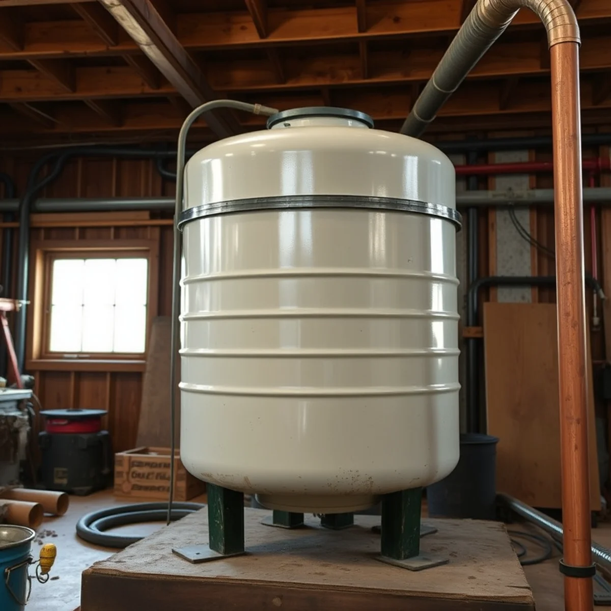 Large 86-gallon residential well pressure tank installed in a rural farmhouse basement