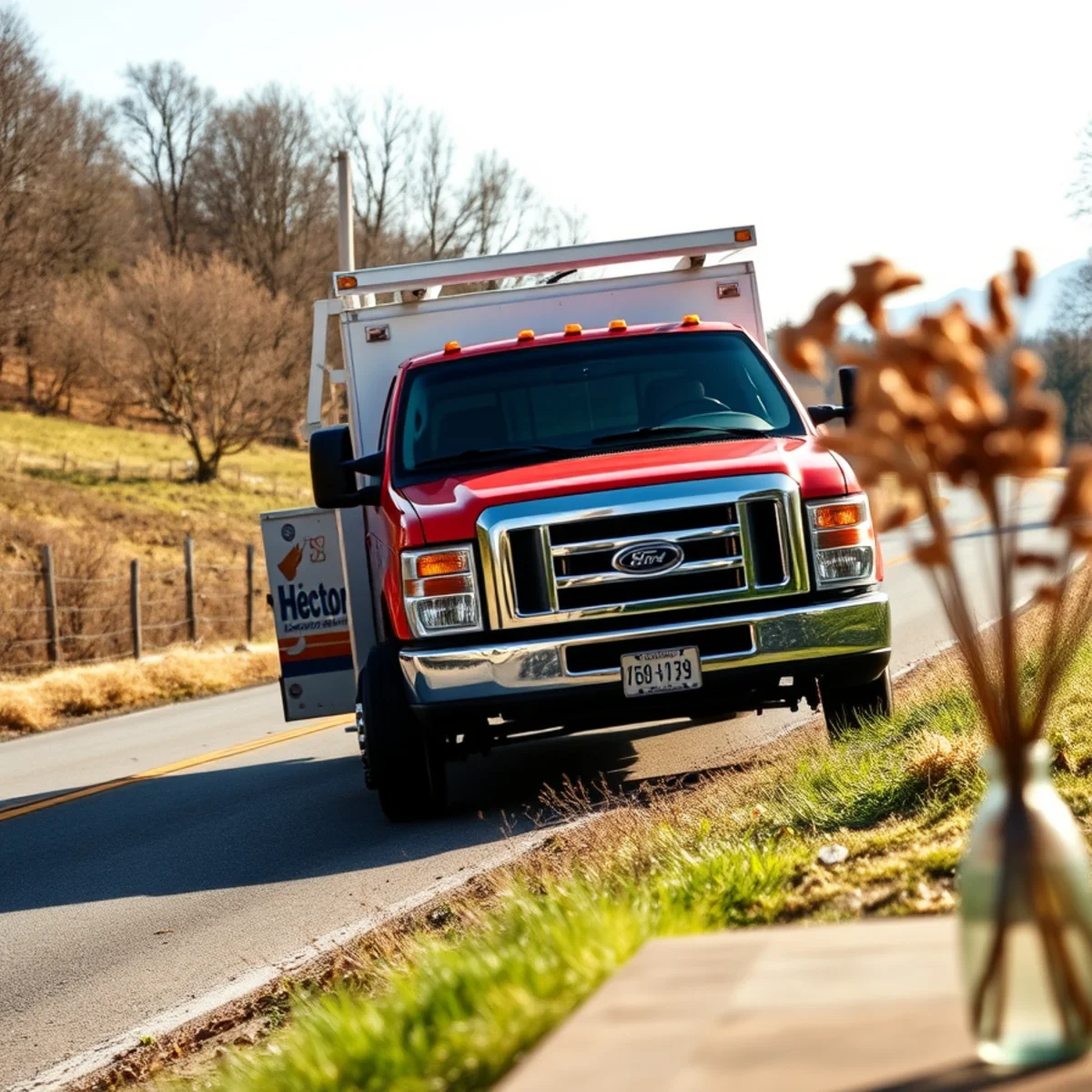 Service truck driving along rural Route 42 past scenic farmland in Rockingham County
