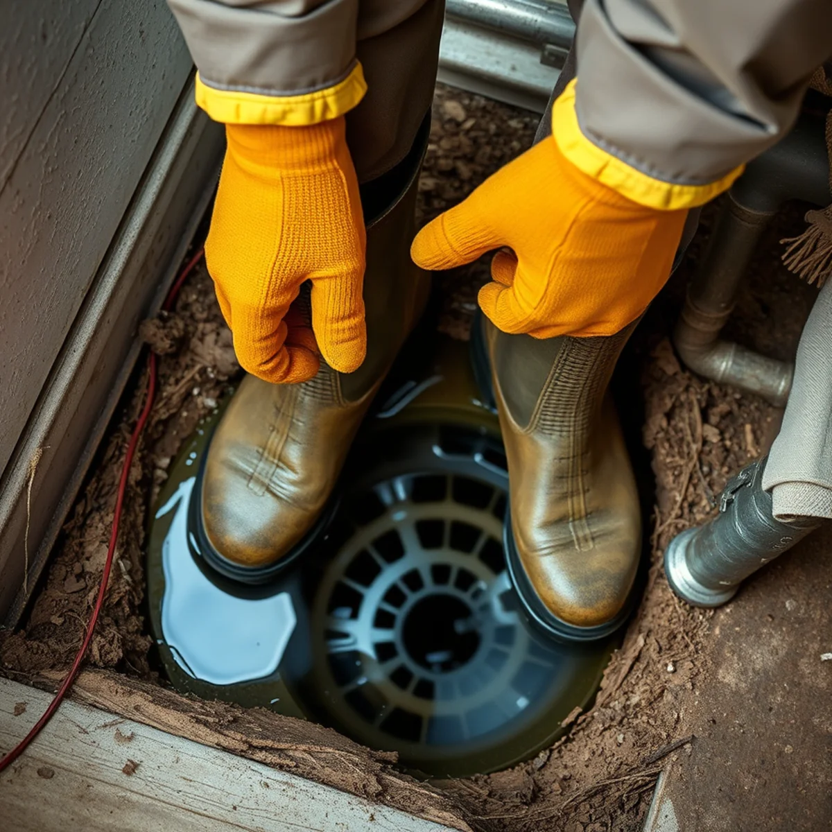 Protective warning signs and absorbent spill dams placed around a backed-up floor drain