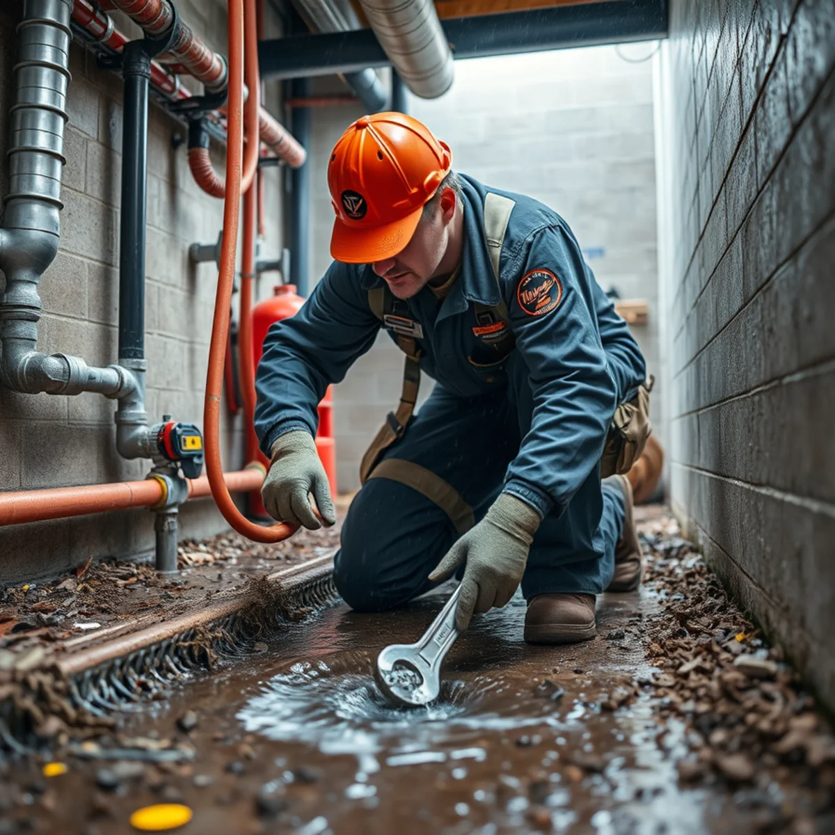 Plumbing technician clearing sewage backup through main floor drain cleanout in a basement