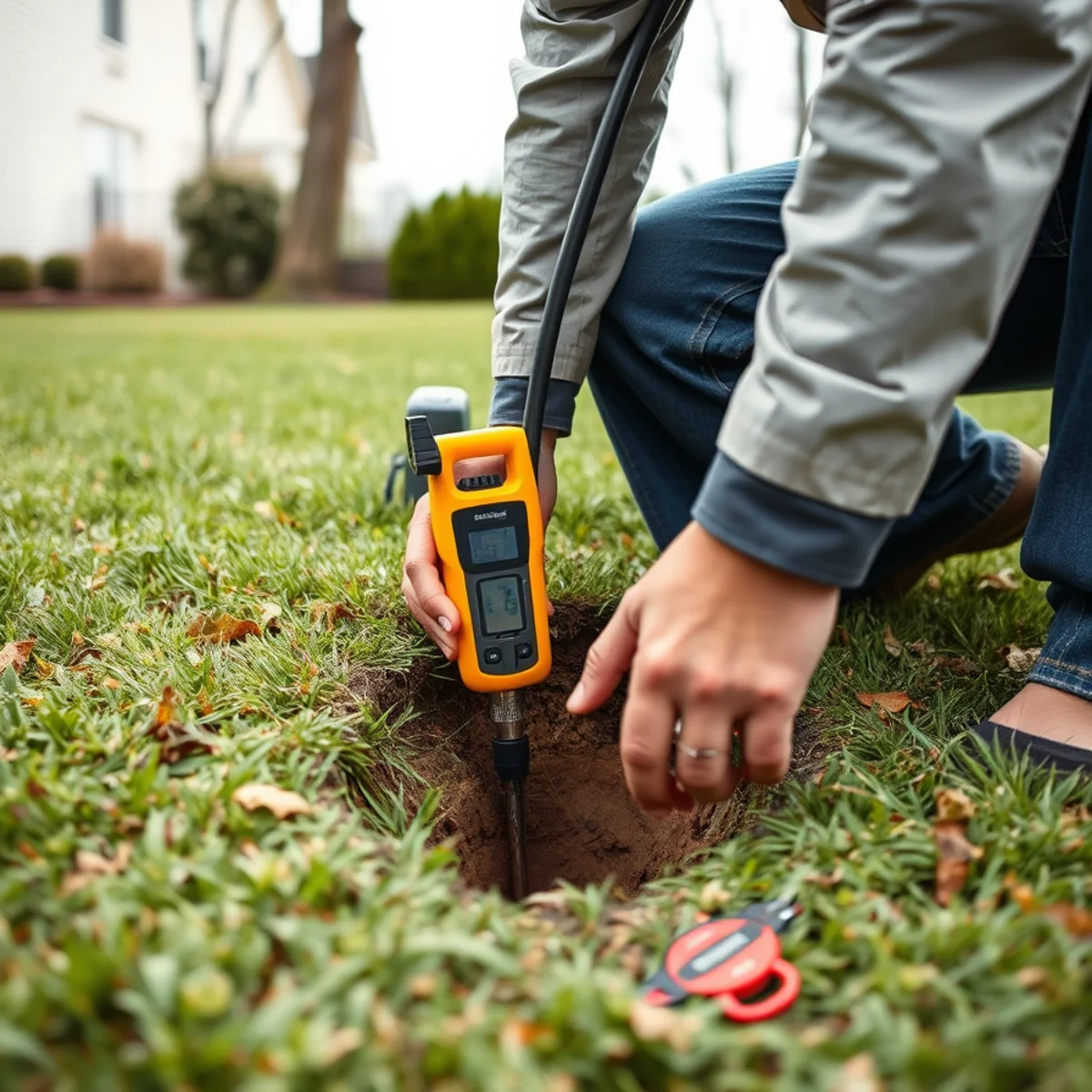 Technician using a 512 Hz digital receiver wand to trace underground pipe depth and position on a lawn