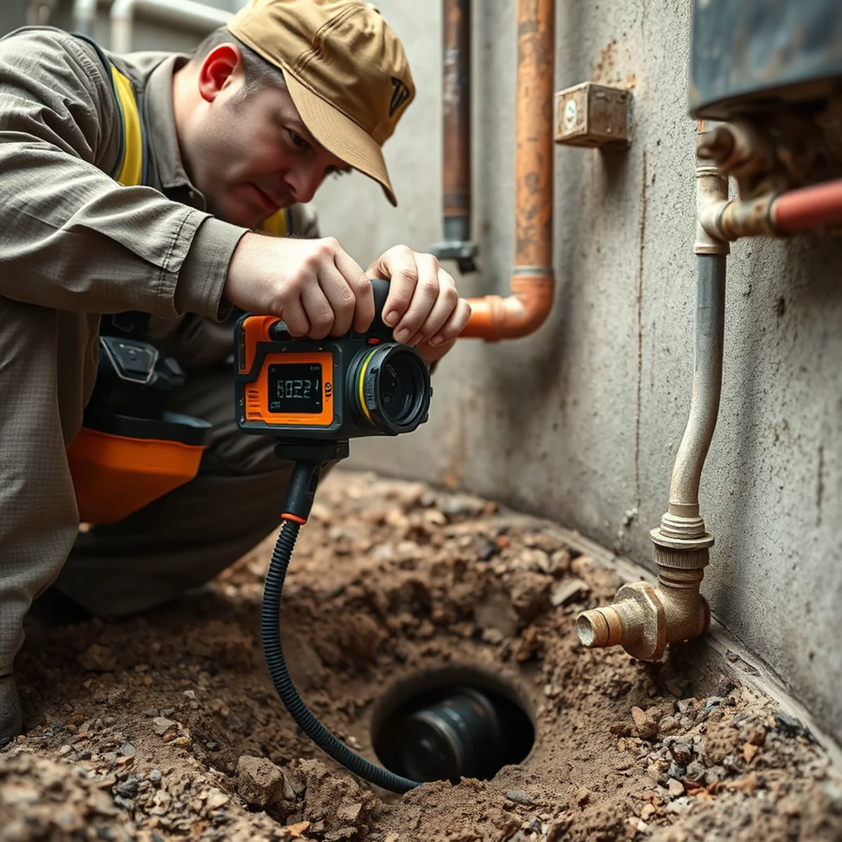 Plumbing technician guiding a high-definition color sewer scope camera into a cleanout pipe