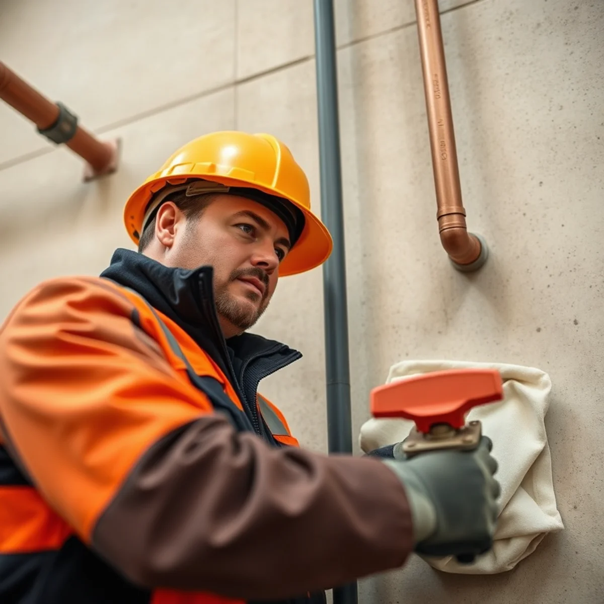 Plumber installing an anti-siphon frost-proof outdoor hose bibb on a brick home exterior