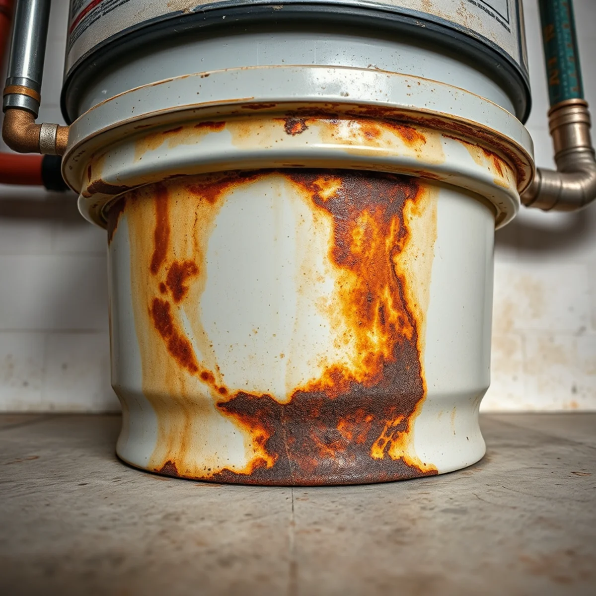 Rust stains and flaking scale around the bottom perimeter rim of an aging water heater tank