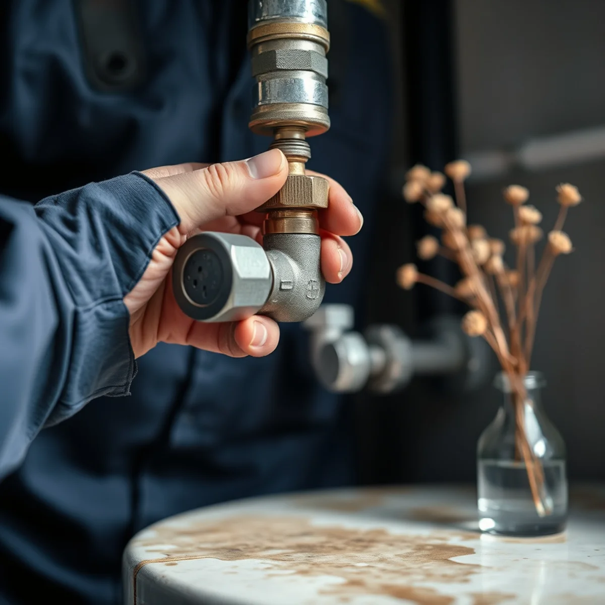 Hand closing the cold water inlet supply ball valve directly above a leaking water heater