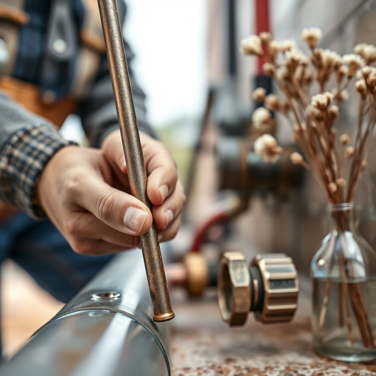 Technician adjusting temperature dial on a water heater upper thermostat to 120 degrees
