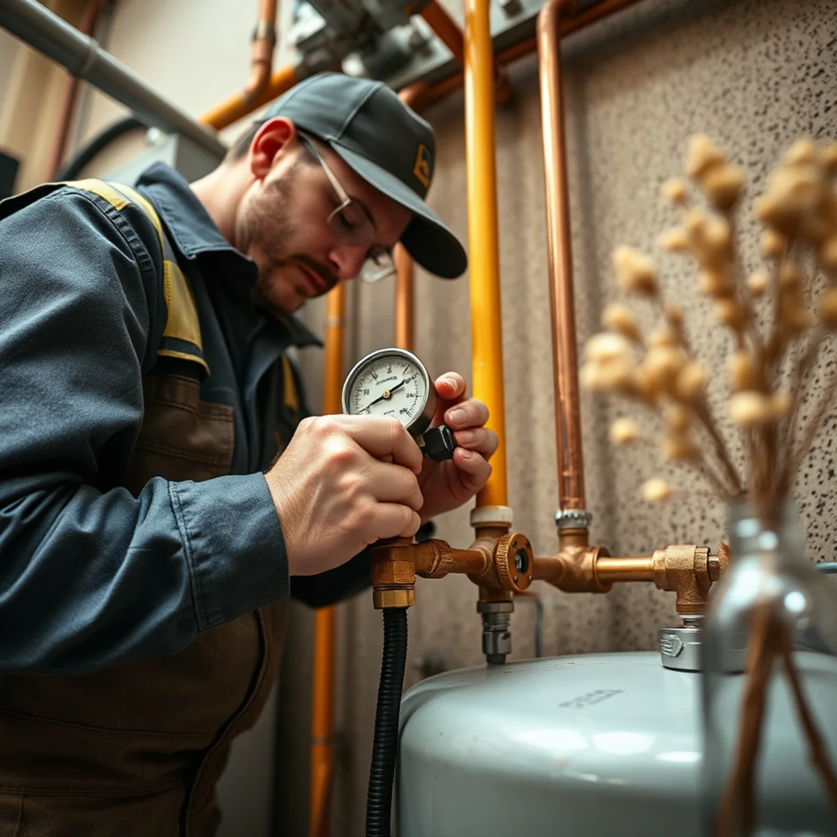 Plumber opening water supply valve and checking for bubbles during initial system filling
