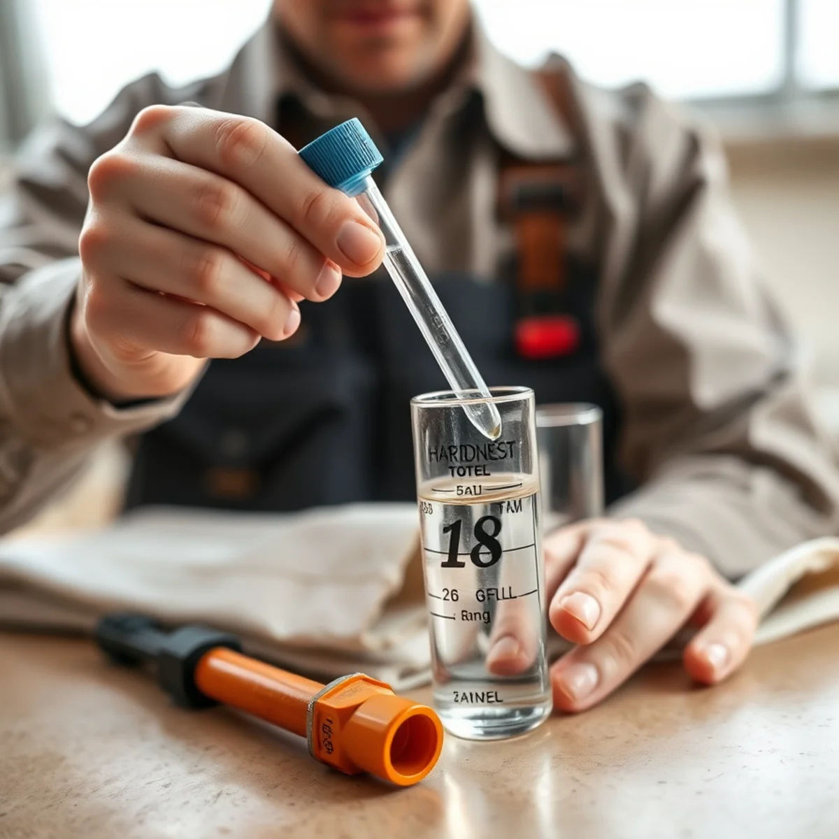 Technician conducting digital titration water hardness test showing mineral grains per gallon