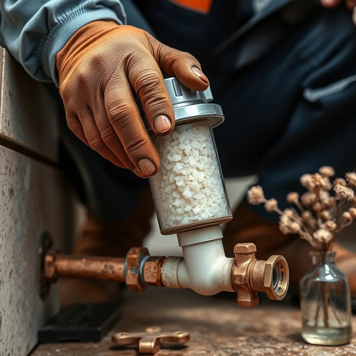 Acid-neutralizing calcite tank raising acidic well water pH to protect home copper pipes