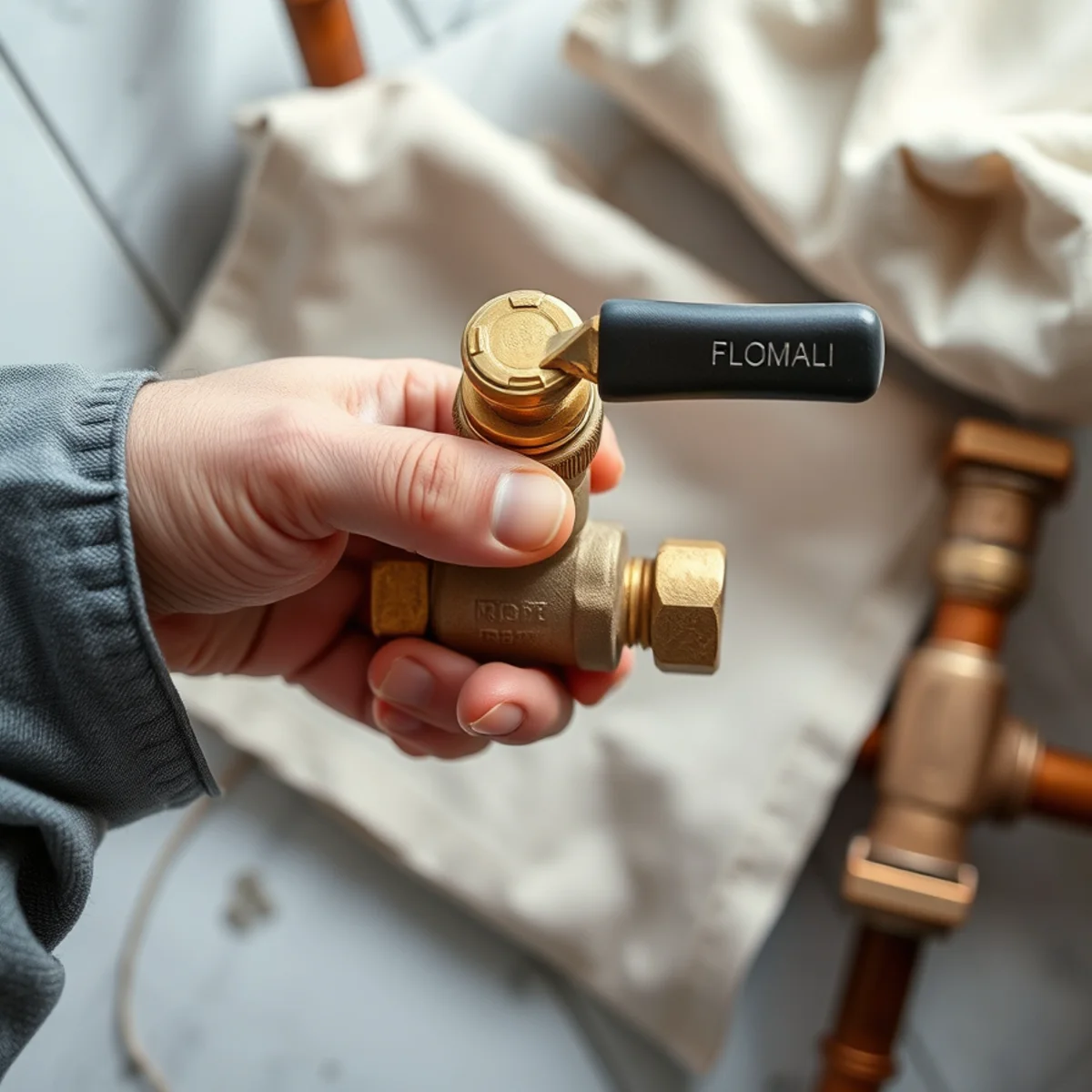 Hand turning a brass ball valve handle 90 degrees perpendicular to stop water flow