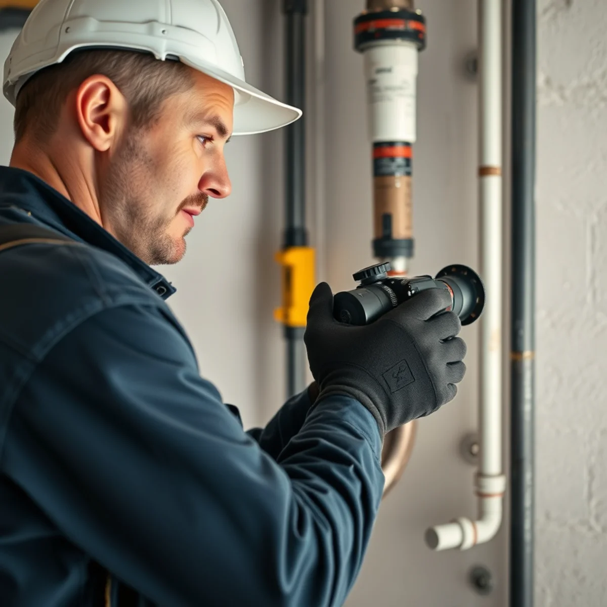 Plumber examining camera footage on a field monitor to diagnose chronic recurring drain clogs